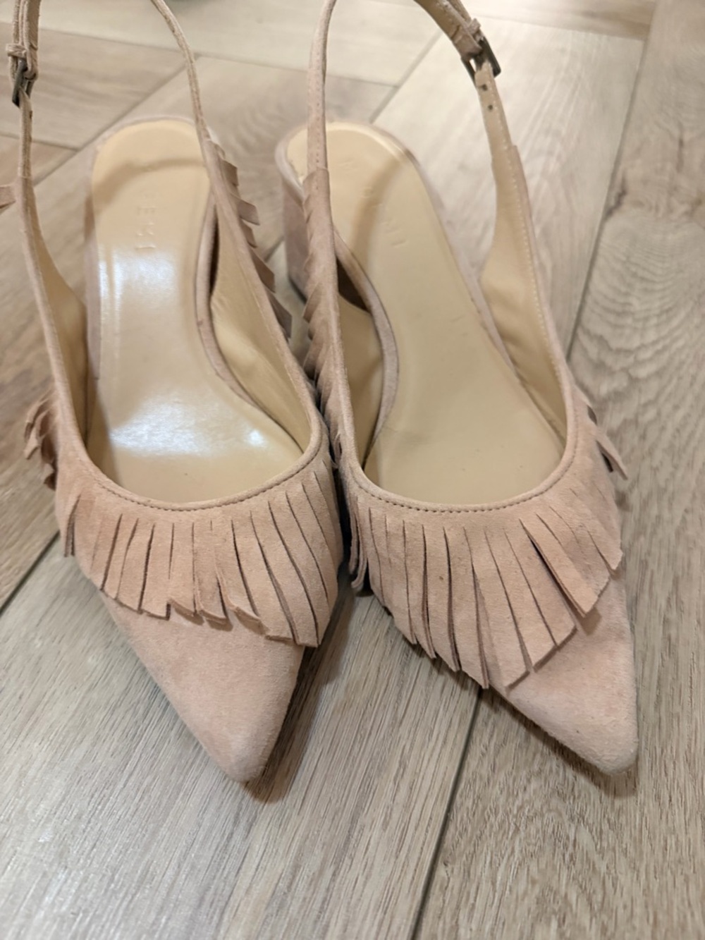 Blush Fringe Pointed-Toe Slingback Heels